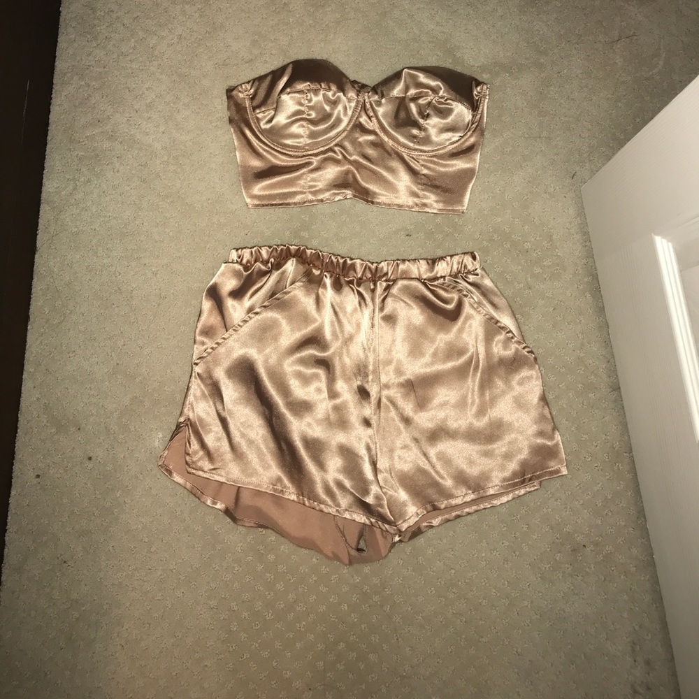 Two piece silky pink bustier and short set