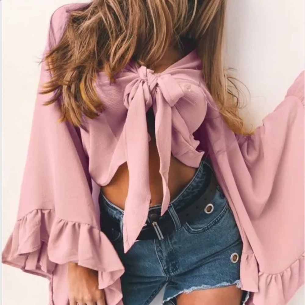 Barbie pink ruffle bell sleeve center tie crop top - Picture 2 of 2