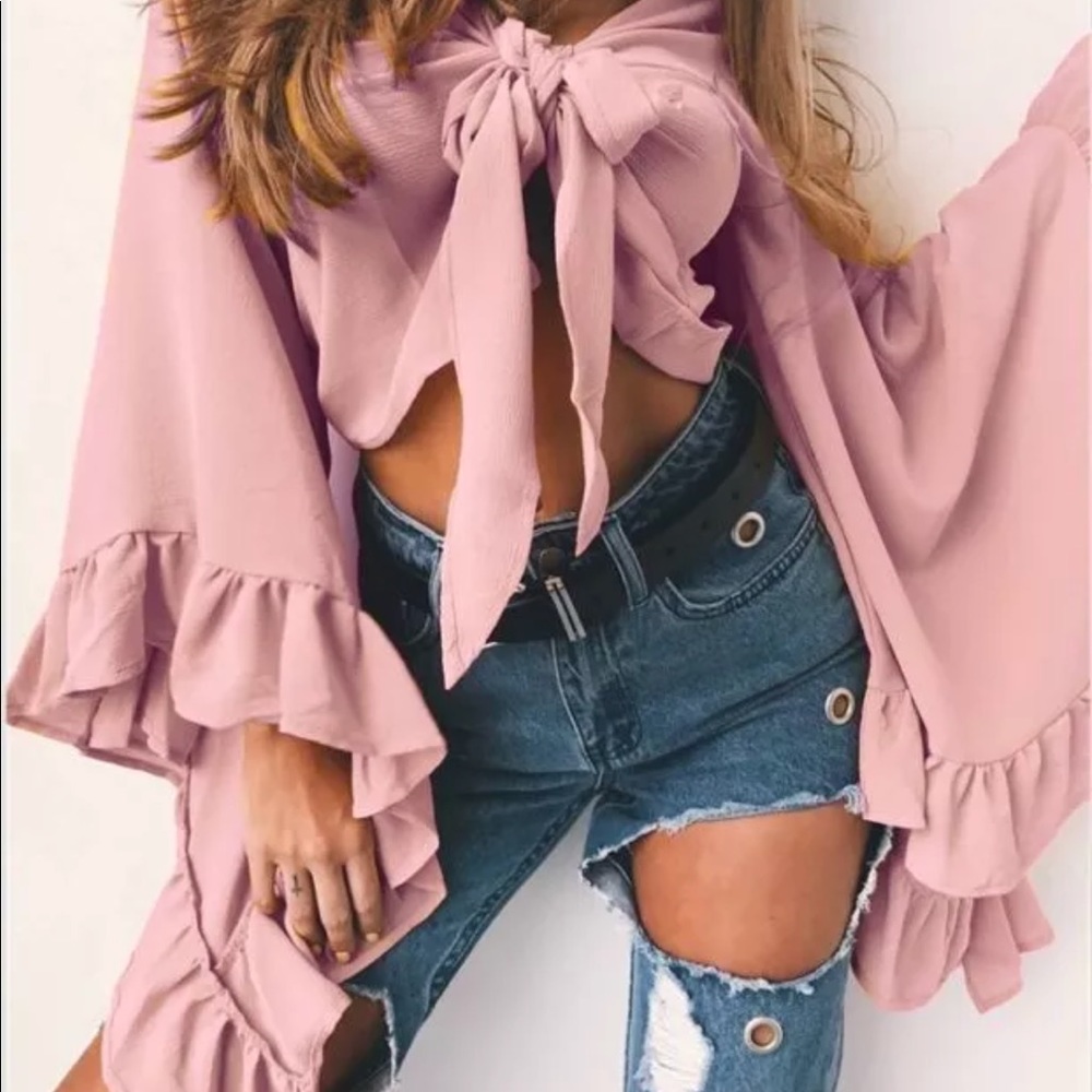 Barbie pink ruffle bell sleeve center tie crop top - Picture 1 of 2