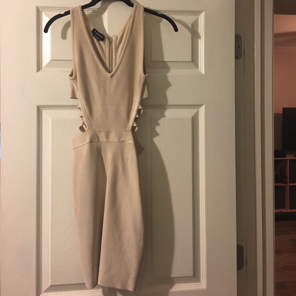 Bebe Bandage dress nude side cutouts