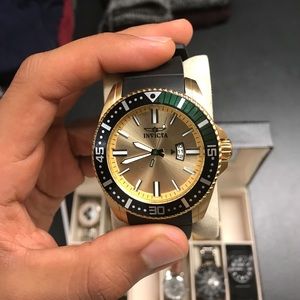 Mint Gold Invicta Green Bezel Black Strap