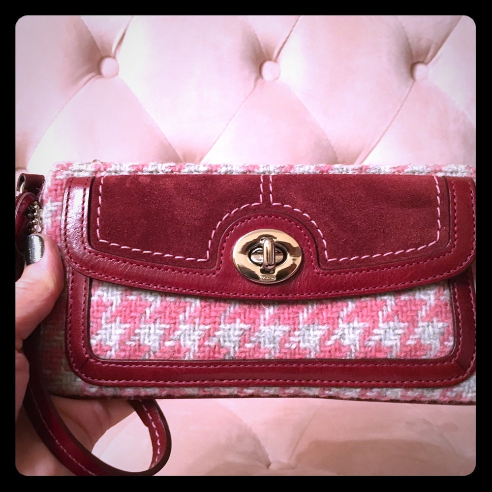 Coach Tweed Suede Wristlet Burgundy / Pink