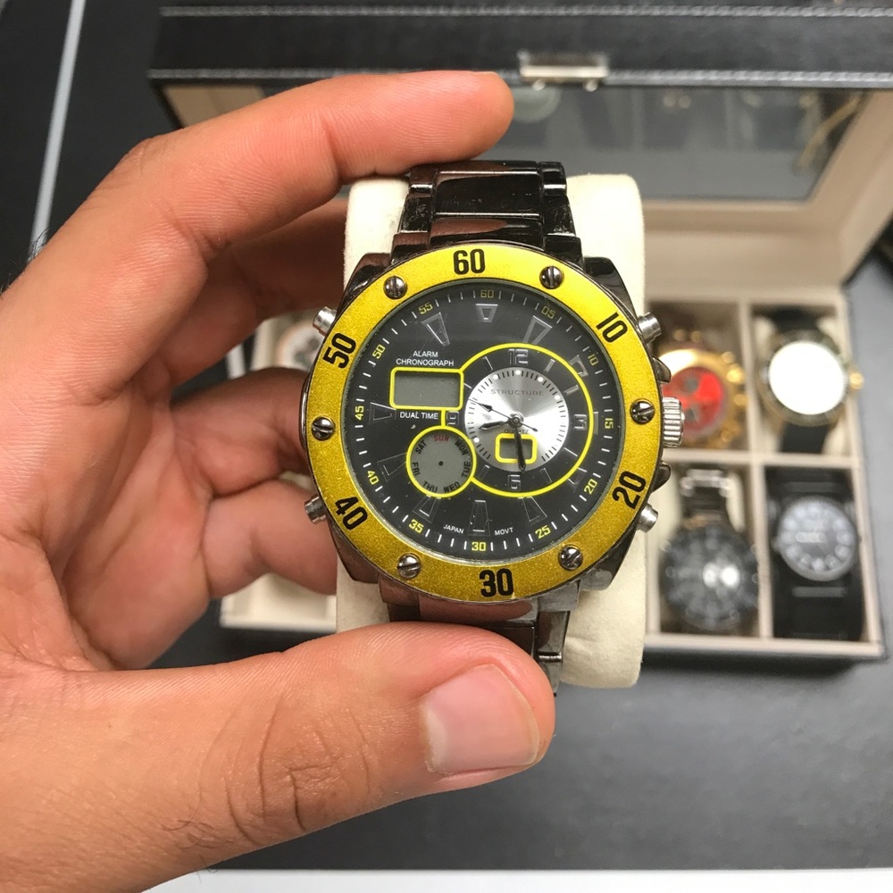 Men's Structure Gunmetal Watch Yellow Bezel Mint