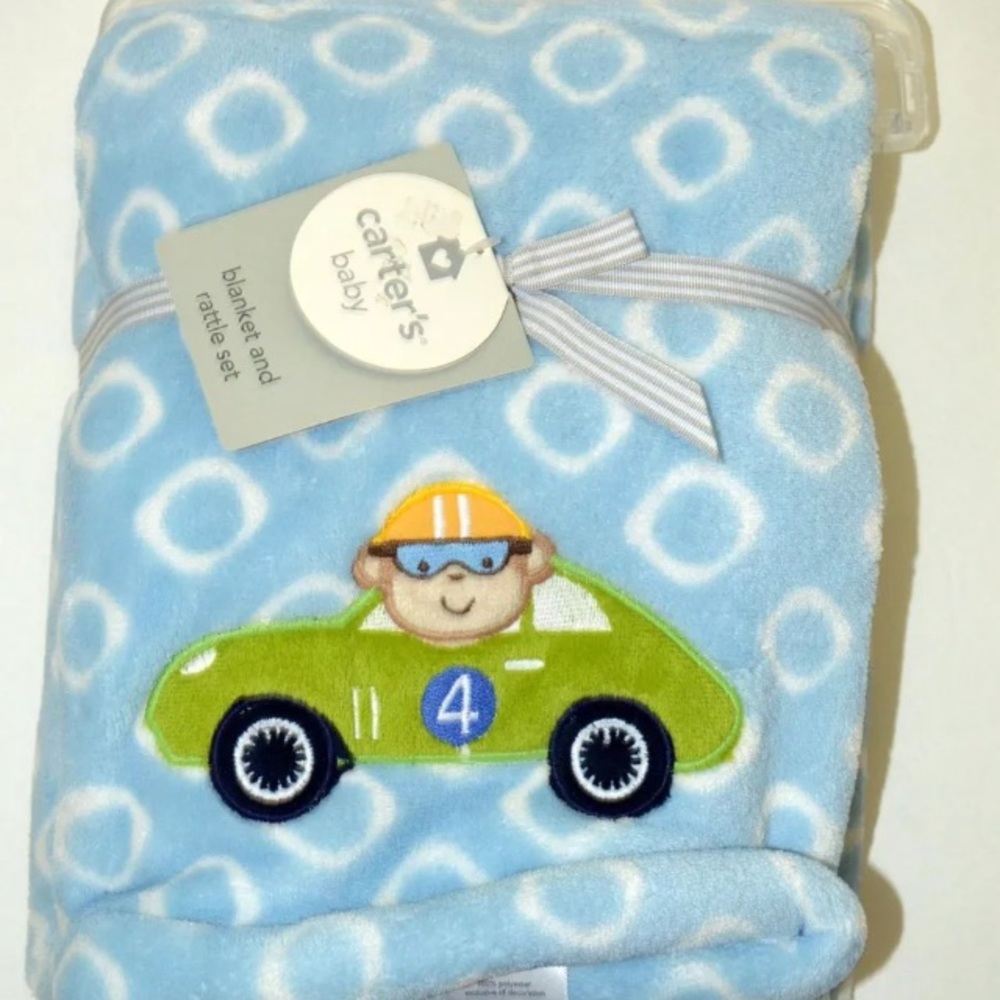 Carter's Blanket Blue Race Car Monkey Fleece