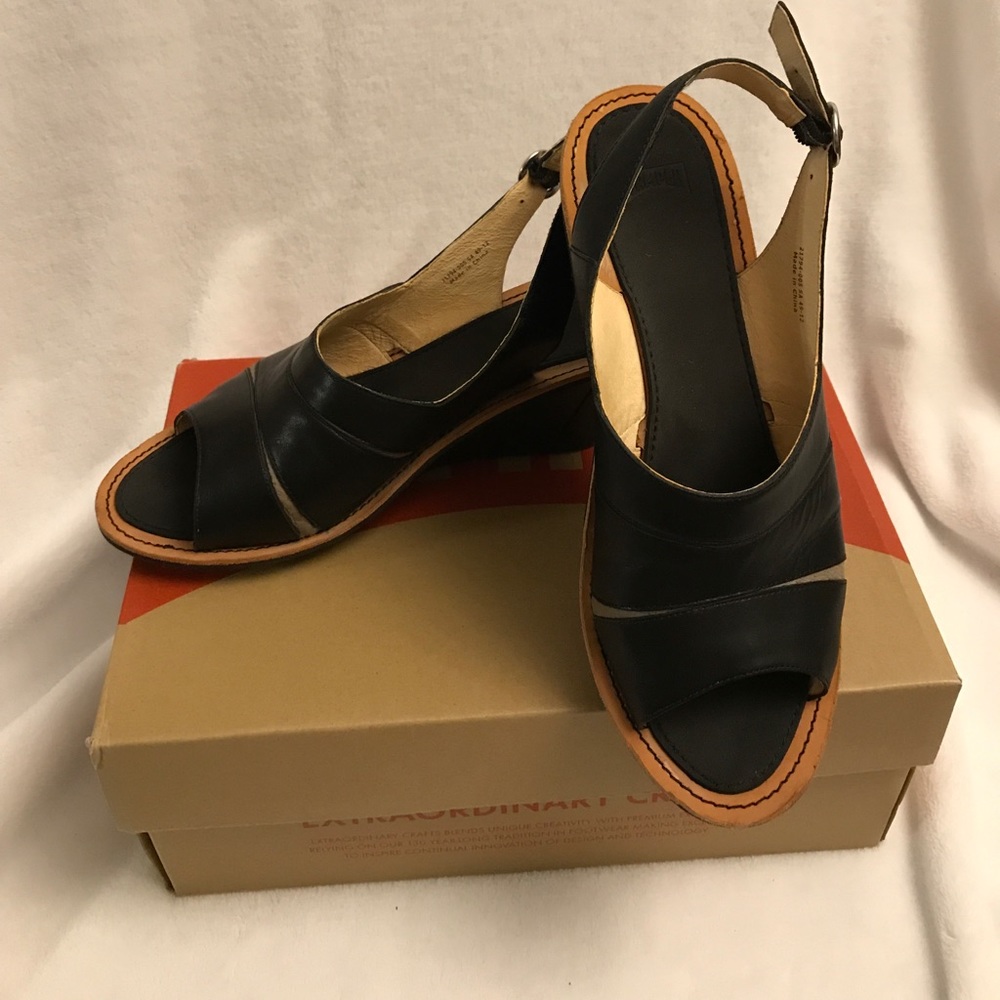 Camper Black Leather Wedge Sandals