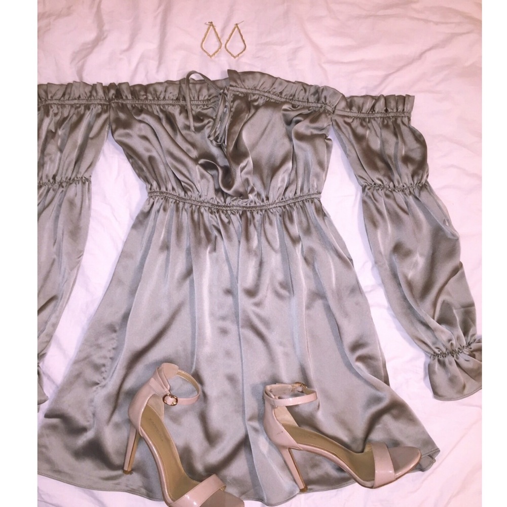 NWT silk army green off the shoulder dress!