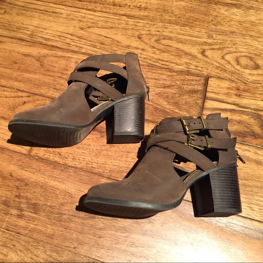 Brown double buckle booties
