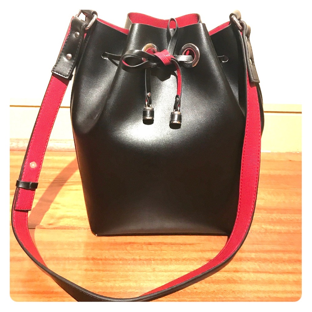 Zara black bucket bag, red interior, vegan