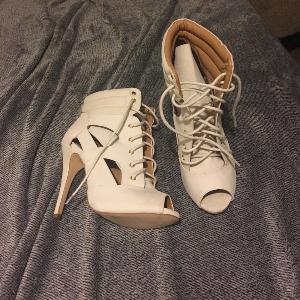 White heel lace up leather booties