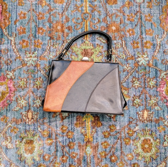 70's Black Tan/Dark Brown/Black Block Print Purse - Picture 2 of 8