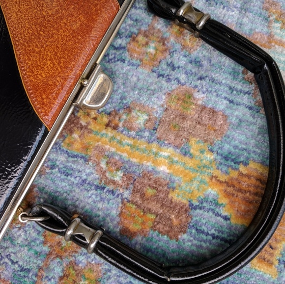 70's Black Tan/Dark Brown/Black Block Print Purse - Picture 5 of 8