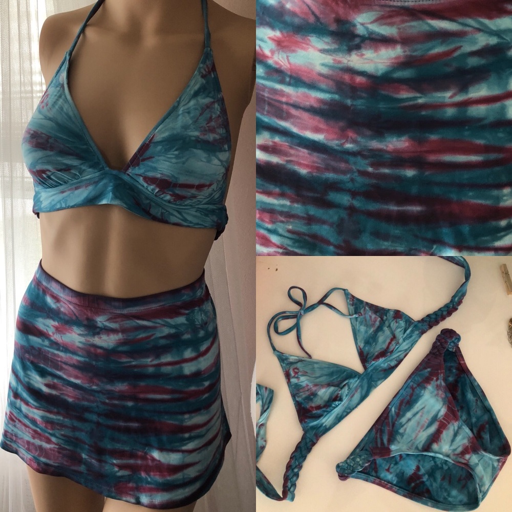 Lucky Brand  3 pc Tie Dye Bikini & Swim Skirt M