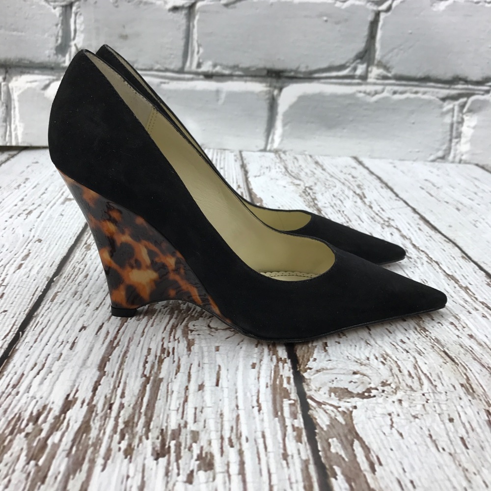 💕SALE💕Martinez Valero Black Suede Leopard Wedges - Picture 2 of 6