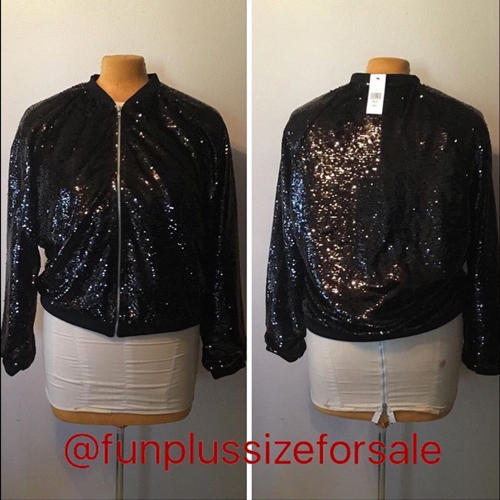 Plus Size Black Sequined Bomber Jacket