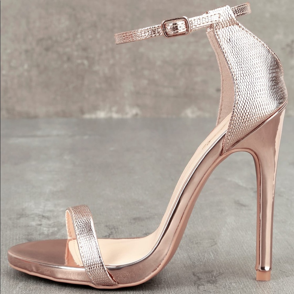 ROSE GOLD METALLIC LIZARD ANKLE STRAP HEELS