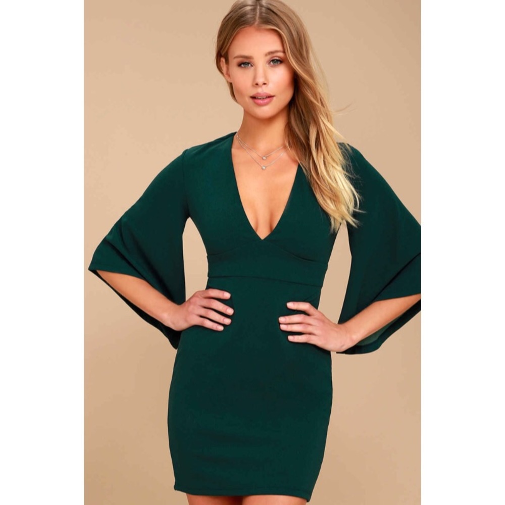 FOREST GREEN BELL SLEEVE BODYCON DRESS