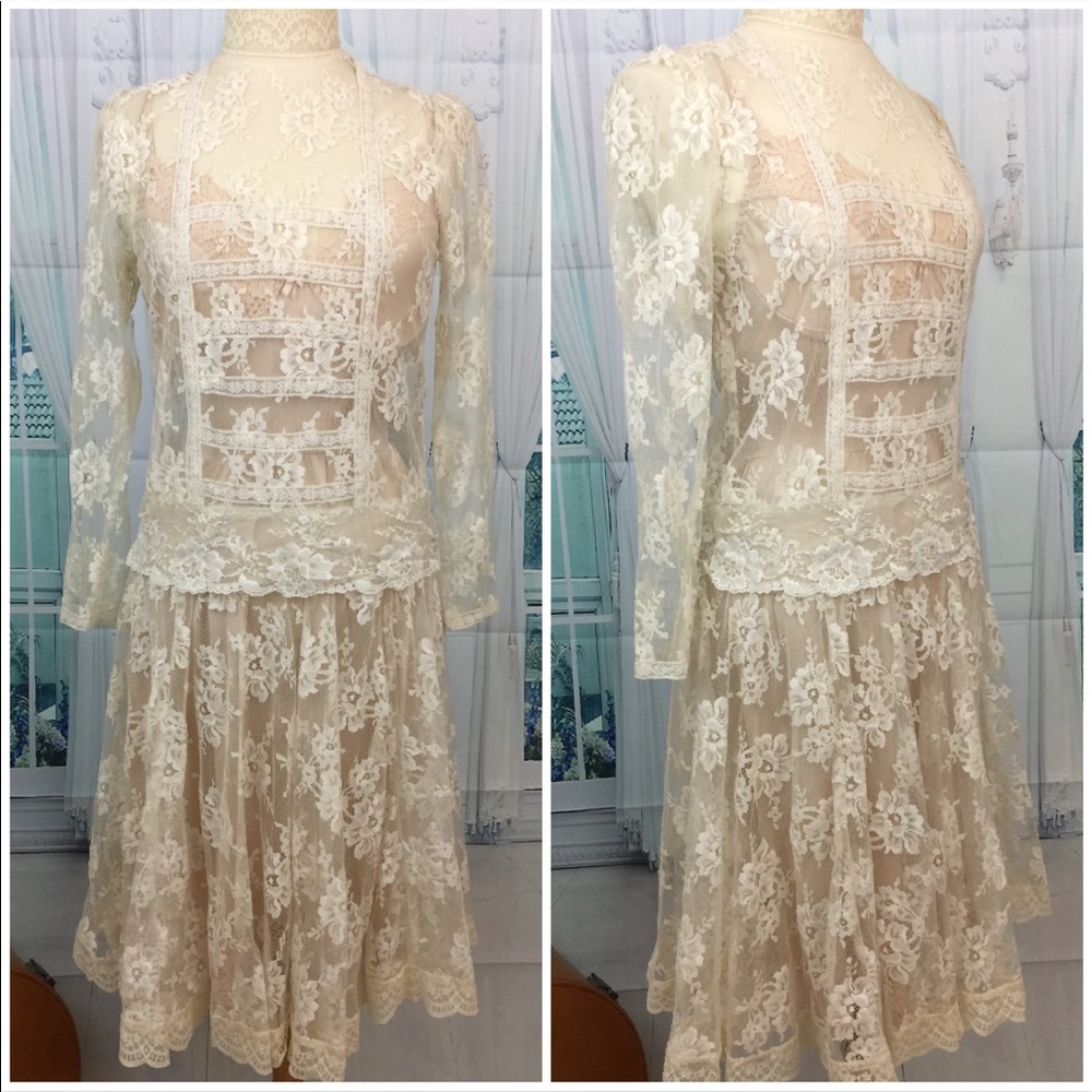 👗💍 Vintage Lace Sheer Mock Dress M/6 bridal
