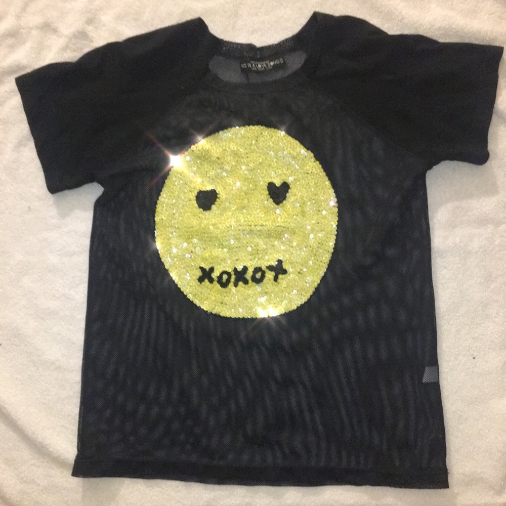RARE THIS IS A LOVE SONG sequin smily mesh tee