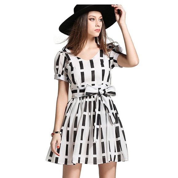 V-neck Dress Black and White bow Tie Waist Dresses - Picture 5 of 6