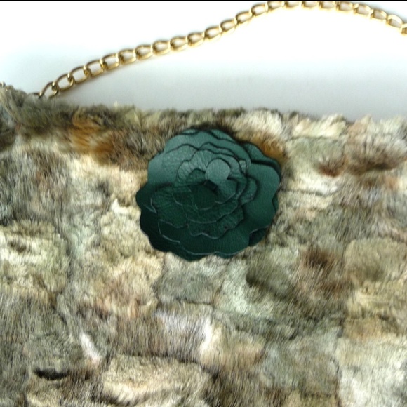 Camo Faux Fur Soft Shoulder Bag Gold Chain Fairy Rustic Celtic Green Brown OOAK - Picture 2 of 9