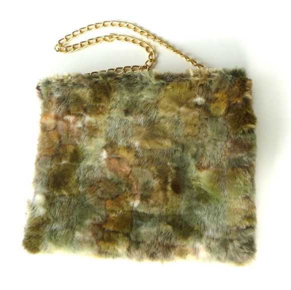 Camo Faux Fur Soft Shoulder Bag Gold Chain Fairy Rustic Celtic Green Brown OOAK - Picture 4 of 9