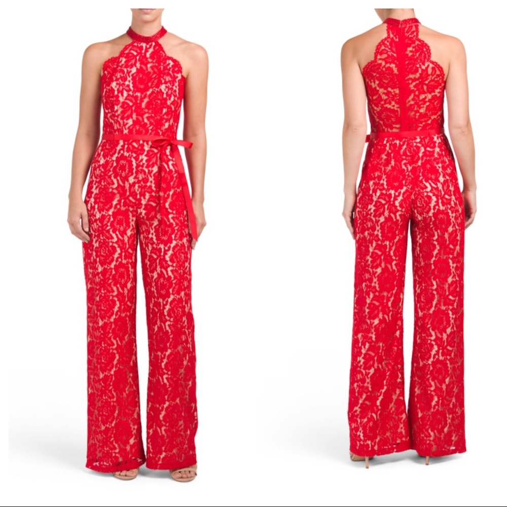 Lotus Threads racerback halter red lace jumpsuit