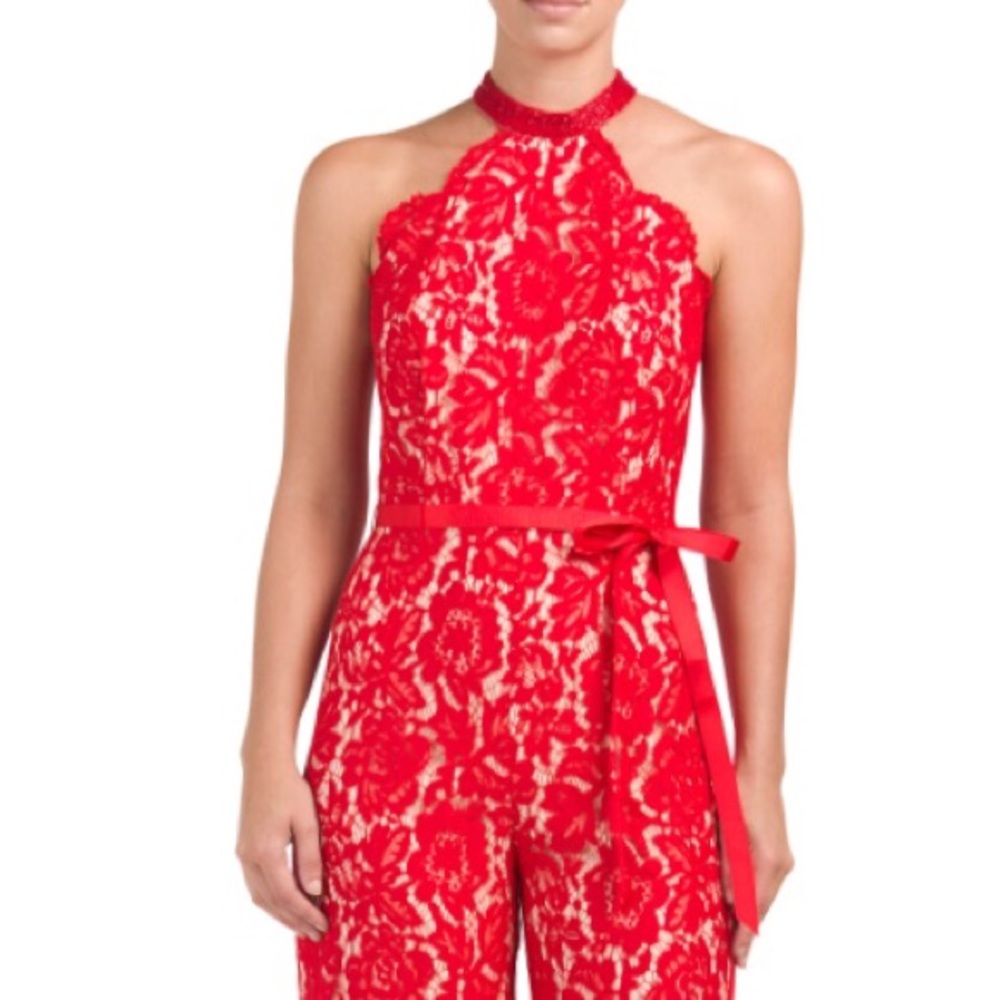 Lotus Threads racerback halter red lace jumpsuit - Picture 3 of 7