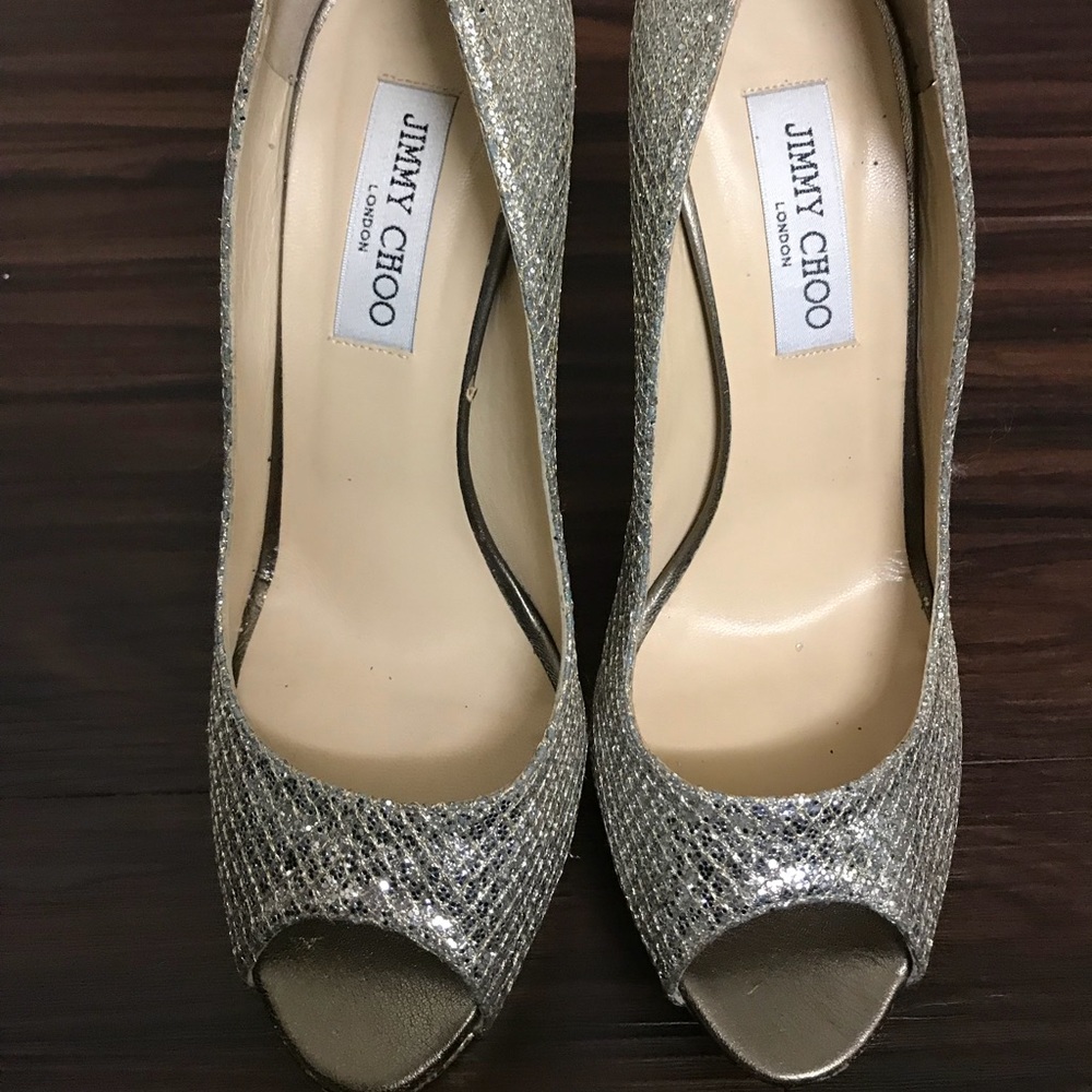 Jimmy Choo silver glittery peep toe heels