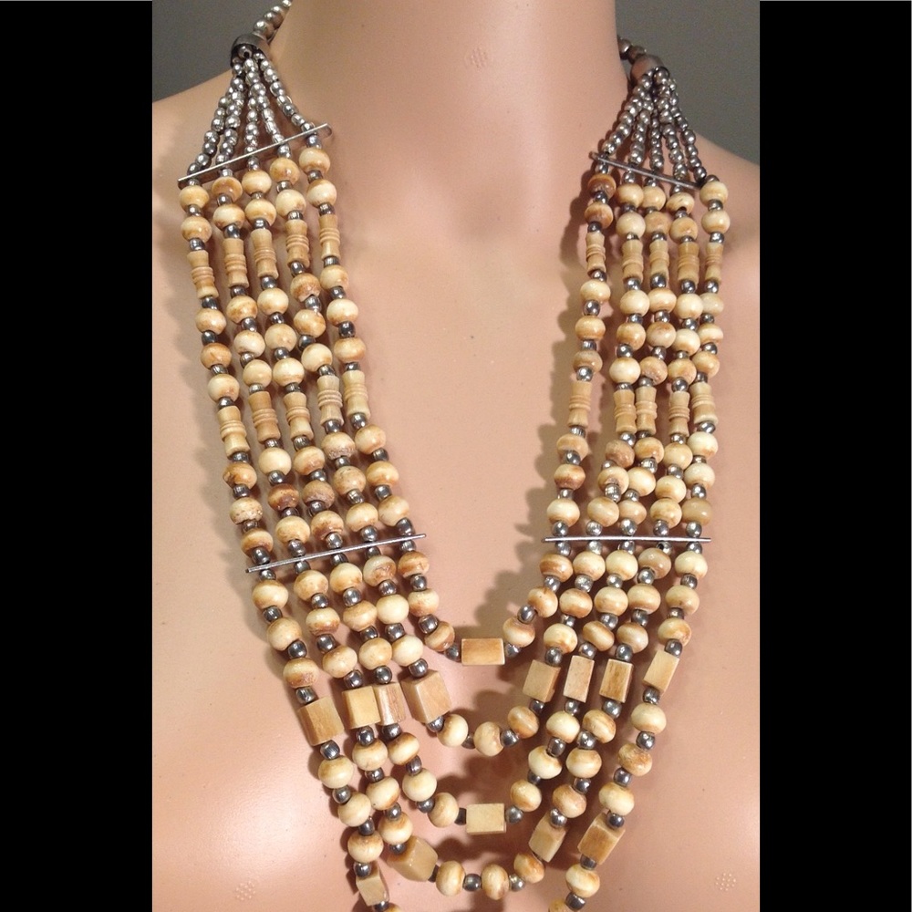 BOHO Multi Strand Necklace Silver Beads & Bars