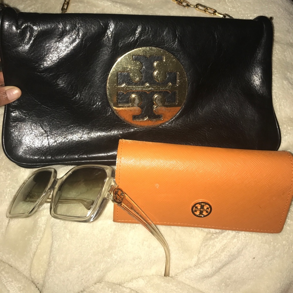 Tory Burch clutch with sunglasses and case