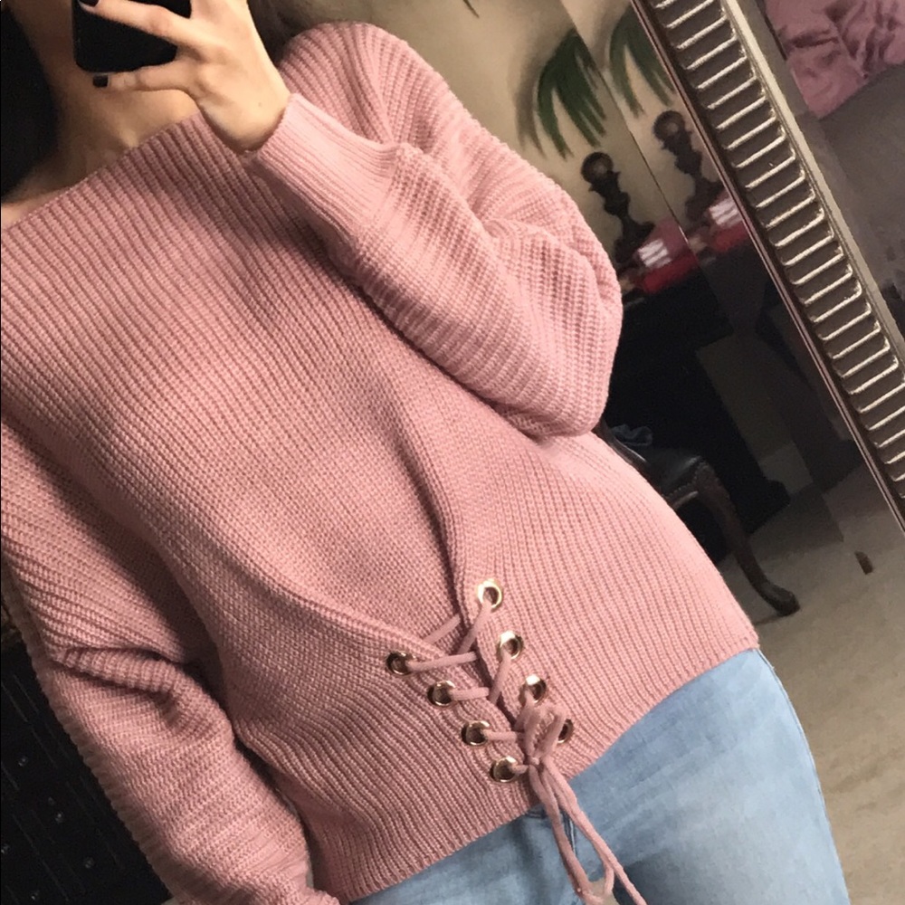 1L left! Mauve, Lace Front BF Sweater - Picture 2 of 9