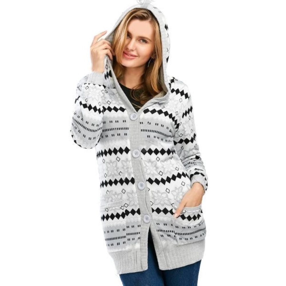 Gray Hooded Button Up Geometric Cardigan - Picture 2 of 4