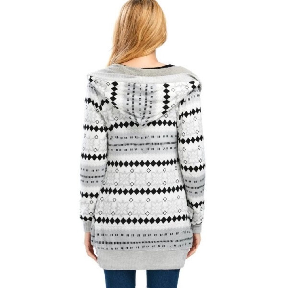 Gray Hooded Button Up Geometric Cardigan - Picture 3 of 4