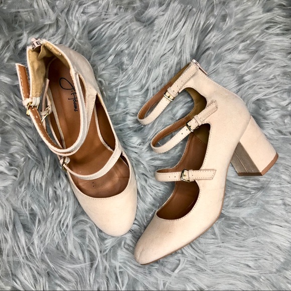 Shoes - Triple Strap Faux Suede Mary Jane Heels