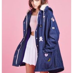 Lazy Oaf Parka Jacket Denim Patches OS RARE puffy