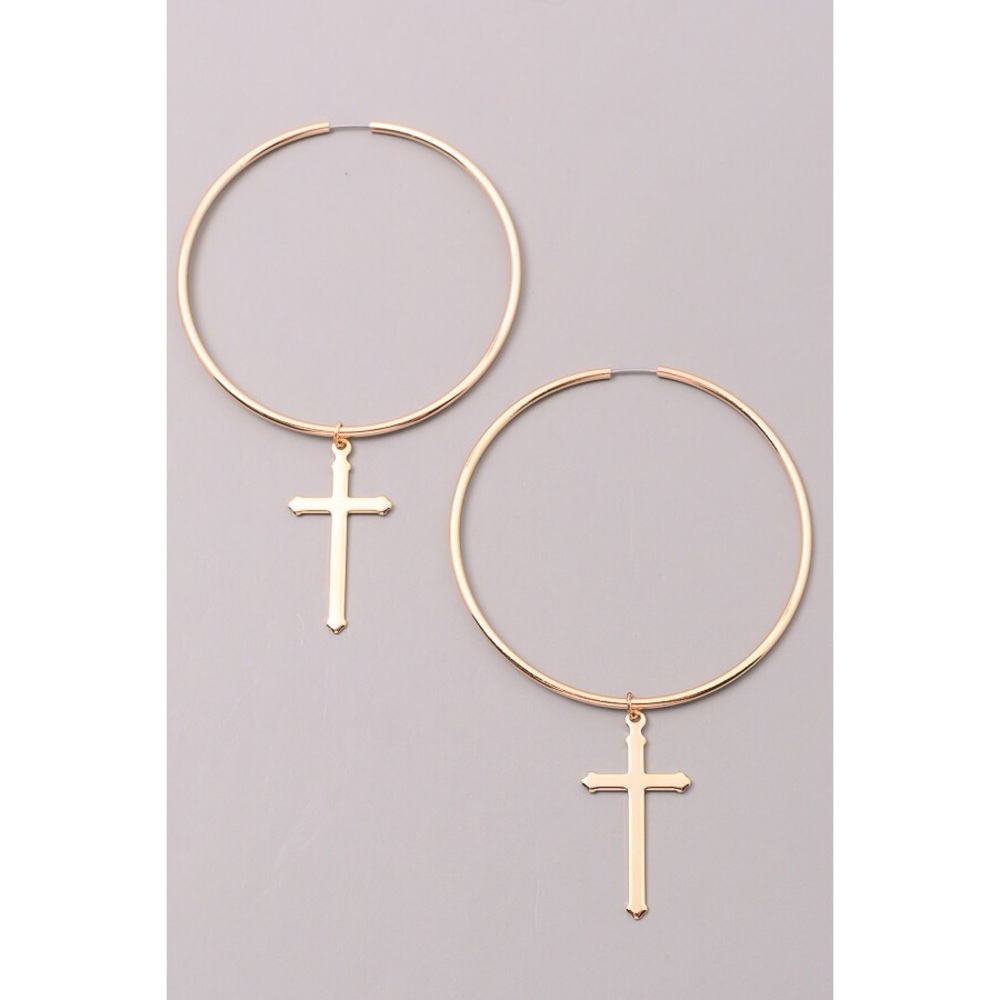 Gold hoop, cross earrings - Picture 3 of 5