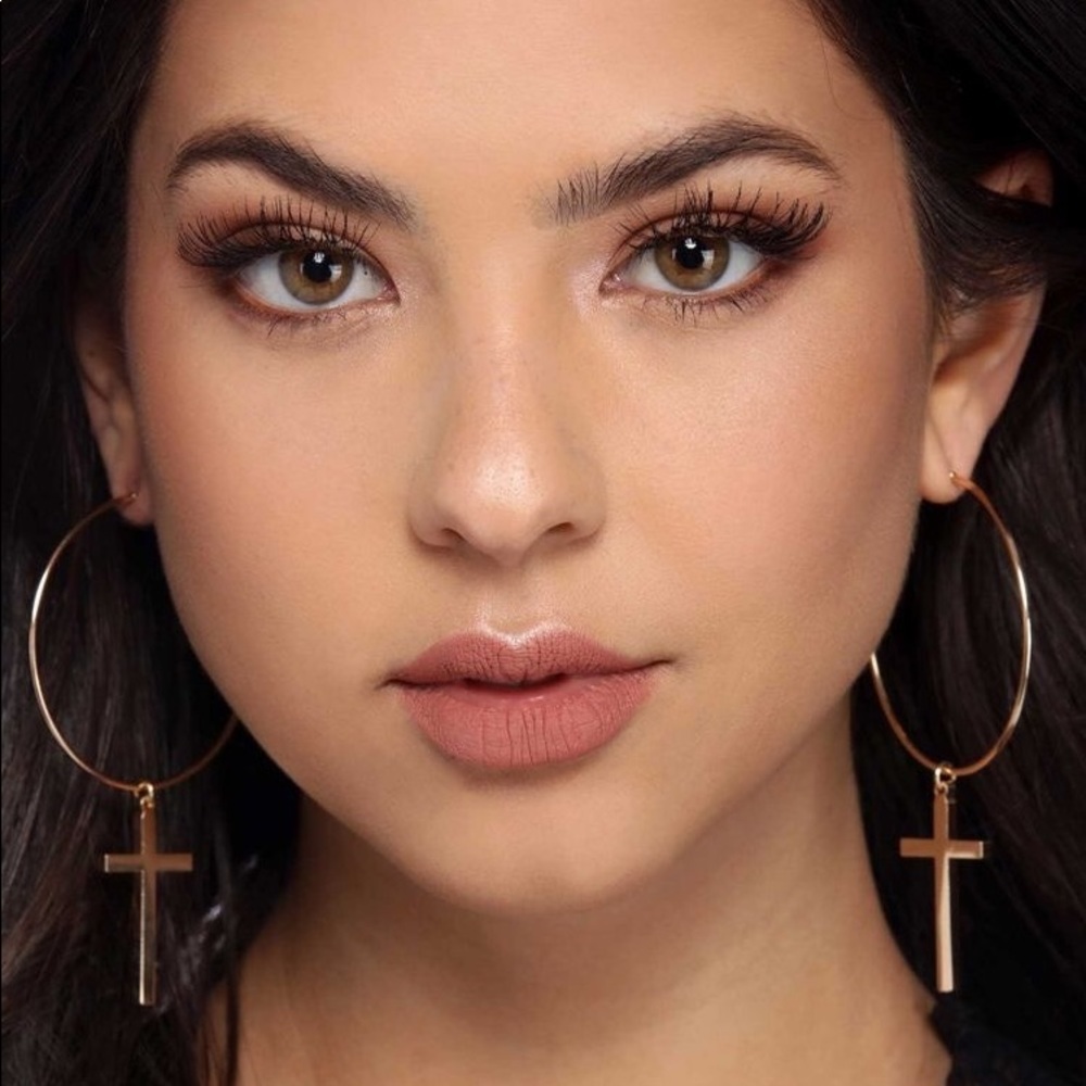 Gold hoop, cross earrings - Picture 2 of 5