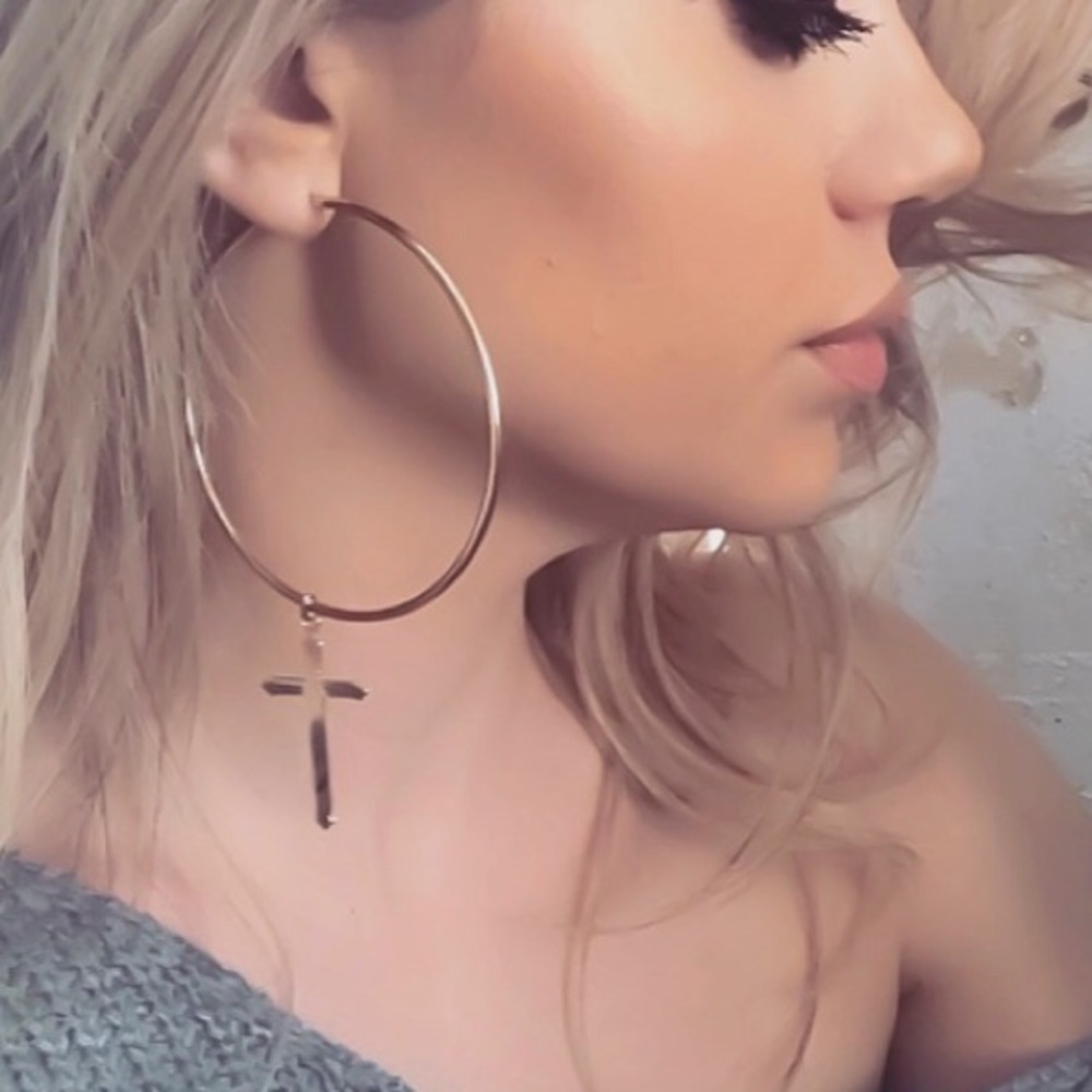 Gold hoop, cross earrings - Picture 1 of 5