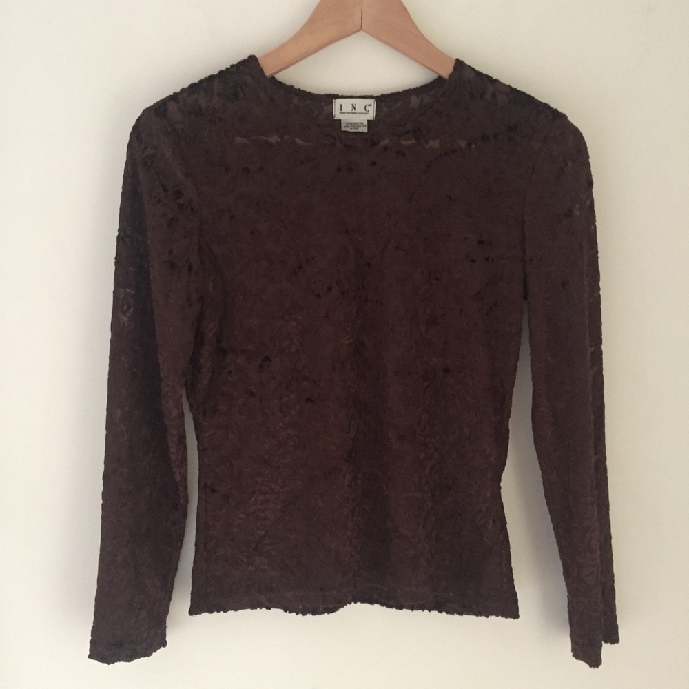 Brown Mesh Long Sleeve Top