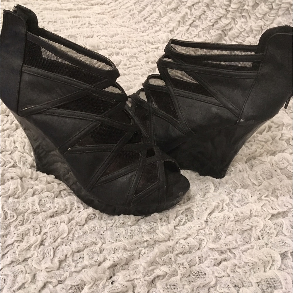 Black mesh peep toe wedges