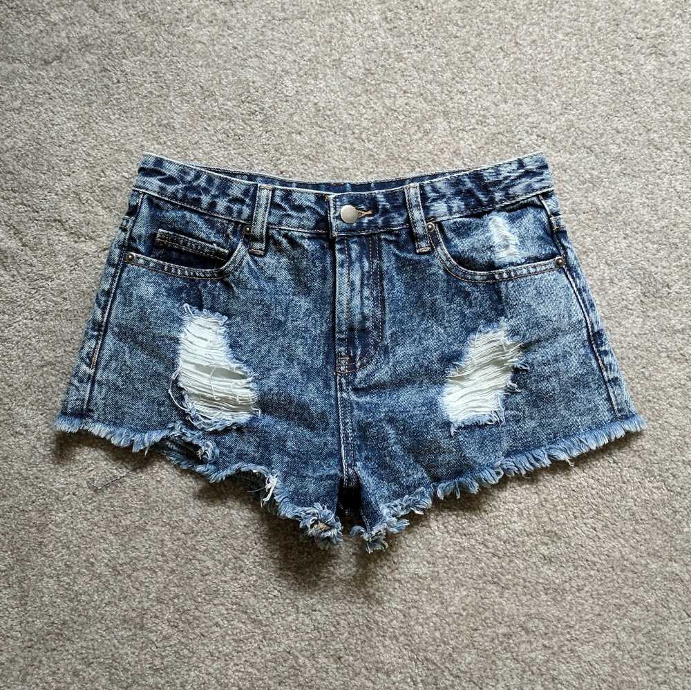 Forever 21 High Waisted Destroyed Dark Jean Shorts