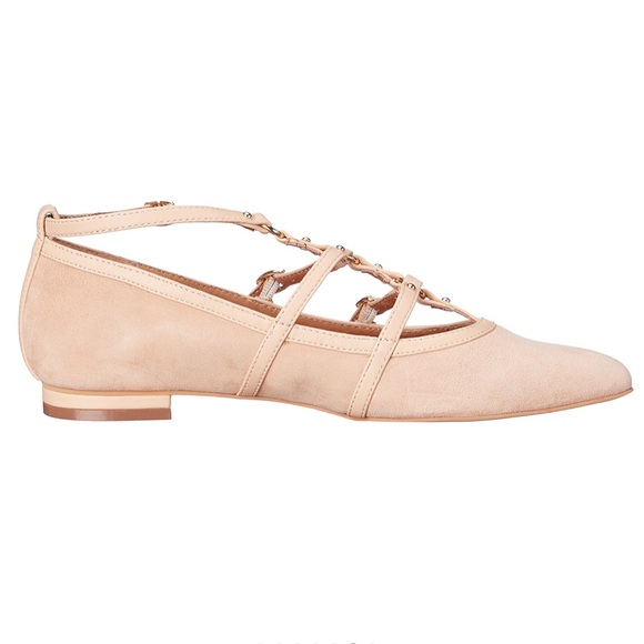 Perfect Nude Suede Cross T Strap Ballet Flats - Picture 5 of 6