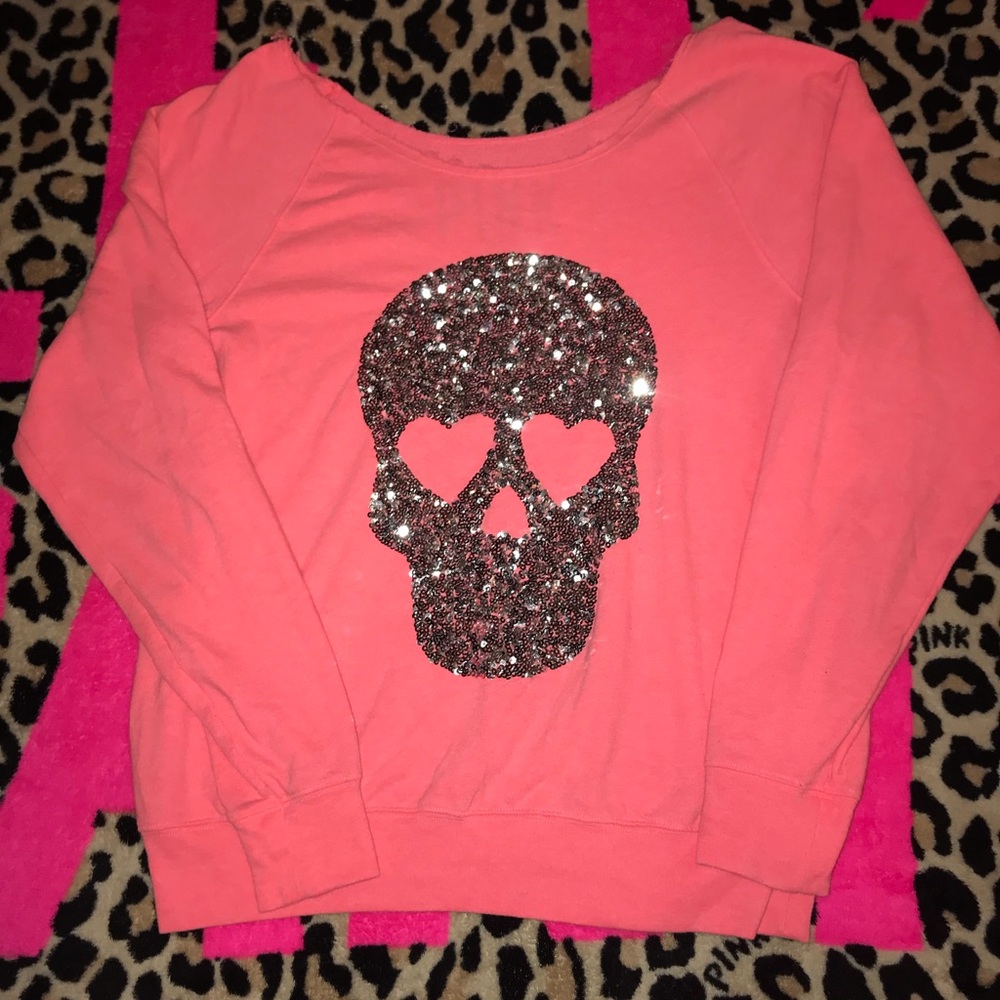 RARE VS Pink Slouchy Skull Bling Crew Sweatshirt