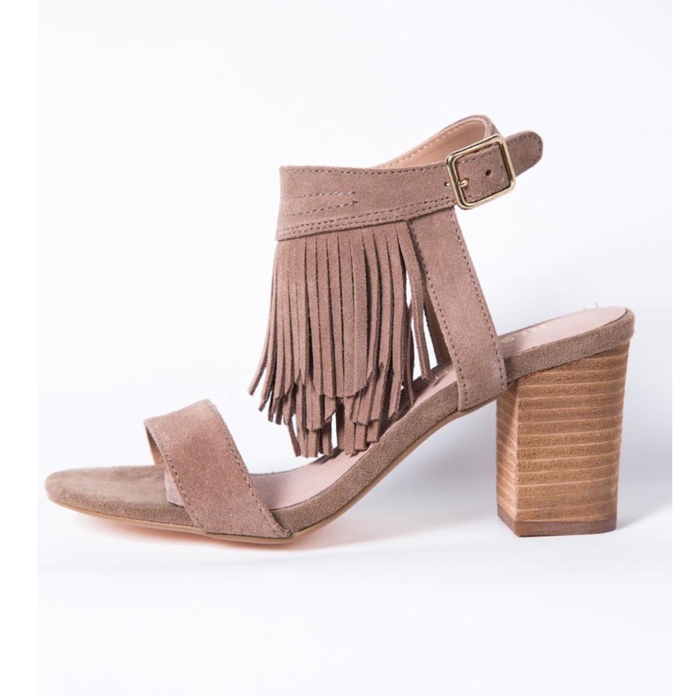 Whiskey Distressed Suede Leather Fringe High Heels - Picture 7 of 8