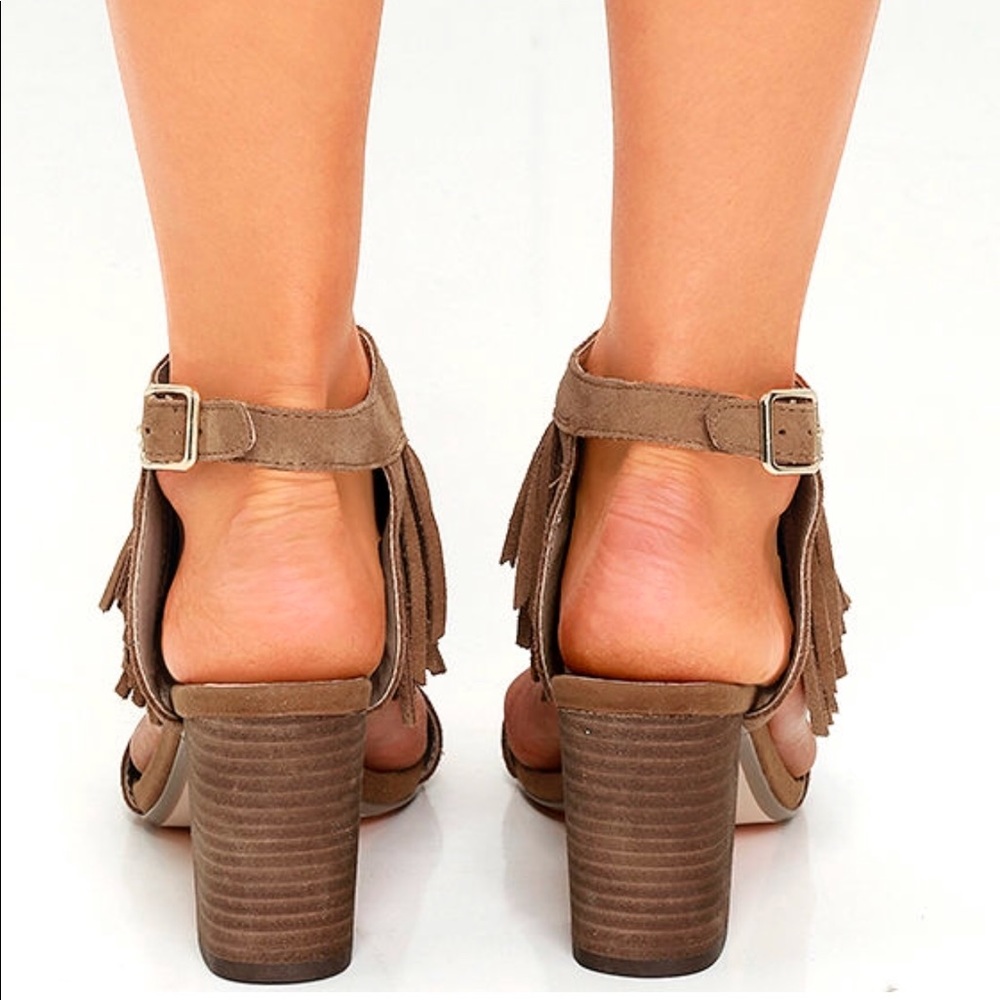 Whiskey Distressed Suede Leather Fringe High Heels - Picture 4 of 8