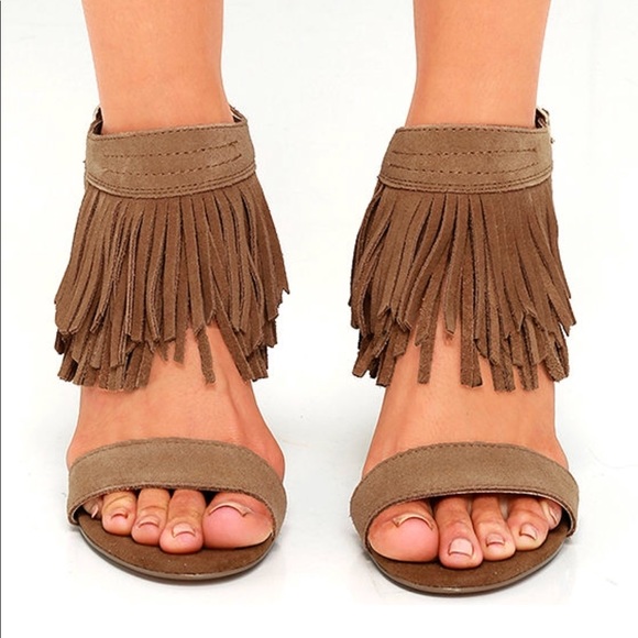 Whiskey Distressed Suede Leather Fringe High Heels - Picture 3 of 8
