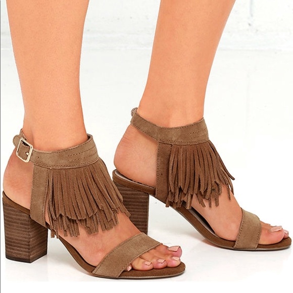 Whiskey Distressed Suede Leather Fringe High Heels - Picture 2 of 8