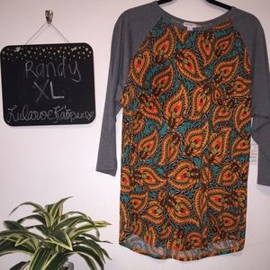 LuLaRoe Randy Tee. Orange, teal, and gray.