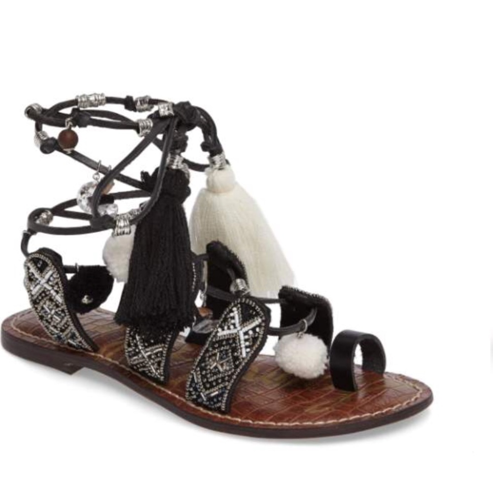 Black/Silver Pom Pom Boho Lace Up Gladiator Sandal - Picture 2 of 6
