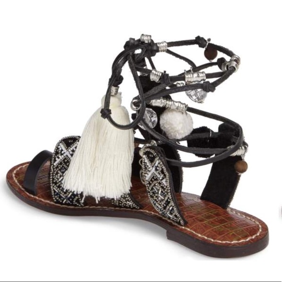 Black/Silver Pom Pom Boho Lace Up Gladiator Sandal - Picture 5 of 6